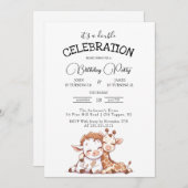 かわいい赤ちゃん牛とキリンのダブル誕生日パーティー 招待状 (正面/裏面)