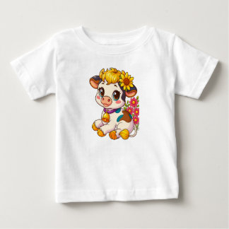 かわいい赤ちゃん牛の花のTシャツ ベビーTシャツ