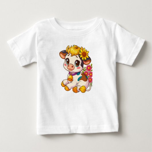 かわいい赤ちゃん牛の花のTシャツ ベビーTシャツ (正面)