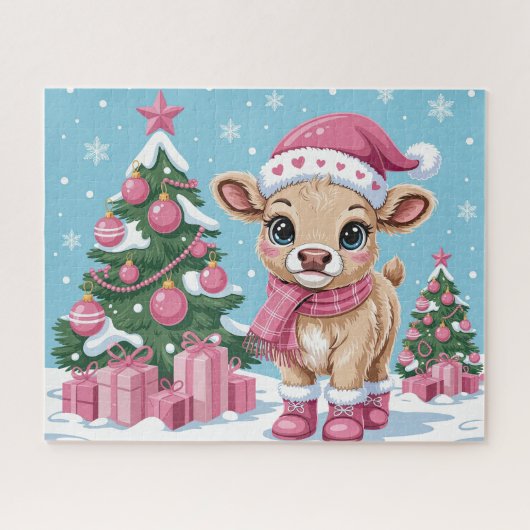 かわいい赤ちゃん牛 ピンク クリスマス ジグソーパズル (横)