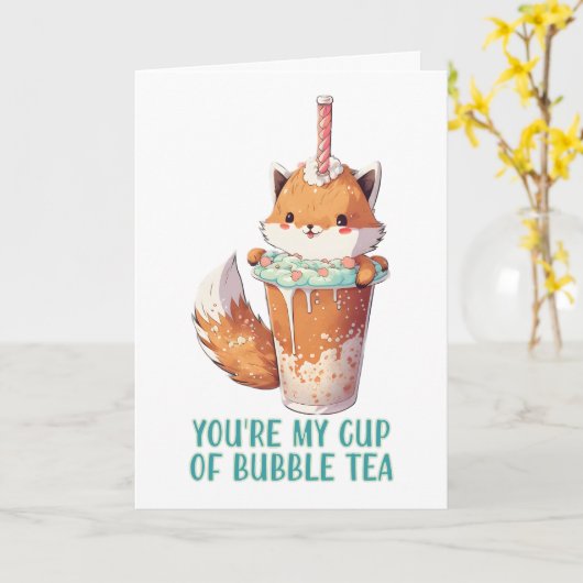 かわいい赤ちゃん狐、あなたは私のタピオカミルクティーだ カード (黄色い花)