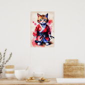かわいい赤ちゃん猫のサムライ水彩アート ポスター (キッチン)