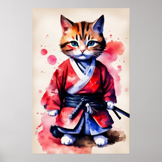 かわいい赤ちゃん猫のサムライ水彩アート ポスター (正面)