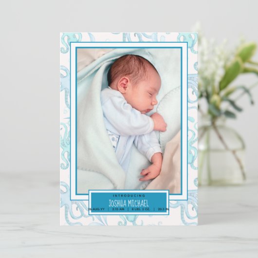 かわいい赤ちゃん男の子のタコの海の生命誕生のお知らせ 案内状 (スタンド正面)