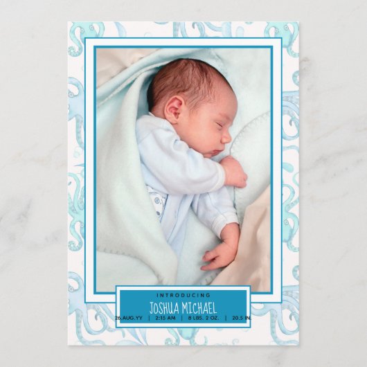 かわいい赤ちゃん男の子のタコの海の生命誕生のお知らせ 案内状 (正面)