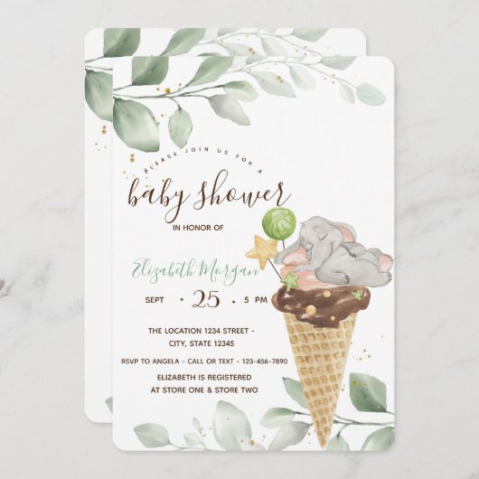 かわいい赤ちゃん象のアイスクリームベビーシャワー 招待状 (正面/裏面)