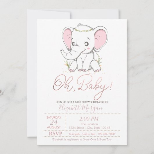 かわいい赤ちゃん象のドット柄ベビーシャワーパーティー招待状 招待状 (正面)