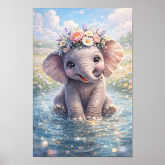 かわいい赤ちゃん象の花冠の水しぶきナース ポスター