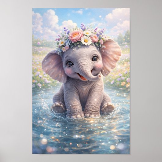 かわいい赤ちゃん象の花冠の水しぶきナース ポスター (正面)