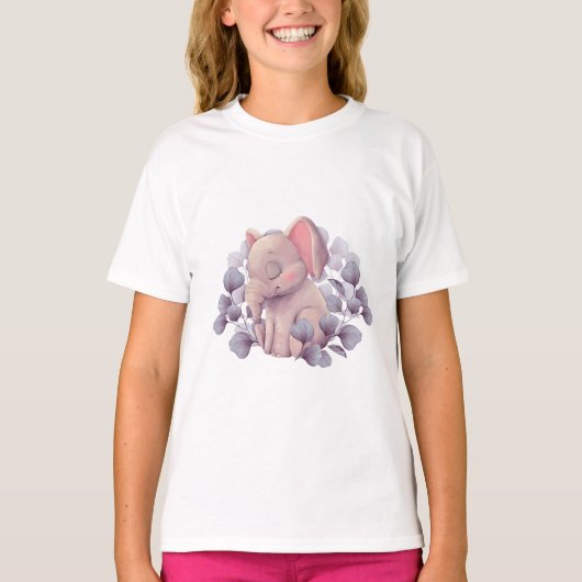 かわいい赤ちゃん象の葉っぱに囲まれた寝顔イラスト Tシャツ (正面)