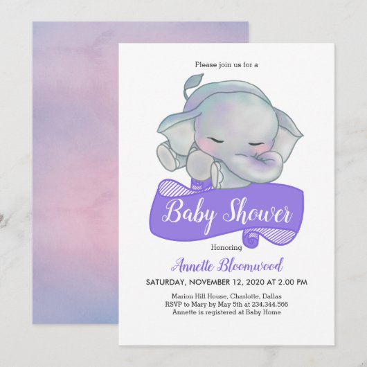 かわいい赤ちゃん象 | ベビーシャワー 招待状 (正面/裏面)