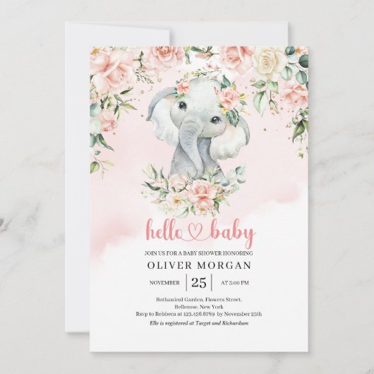 かわいい赤ちゃん象 顔を赤くする 花 ゴールド 招待状 (正面)