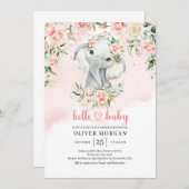 かわいい赤ちゃん象 顔を赤くする 花 ゴールド 招待状 (正面/裏面)