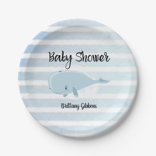 かわいい赤ちゃん青いクジラストライプのの赤ちゃんシャワー ペーパープレート (正面)