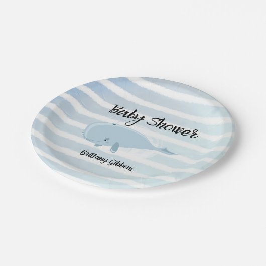 かわいい赤ちゃん青いクジラストライプのの赤ちゃんシャワー ペーパープレート (アングル)