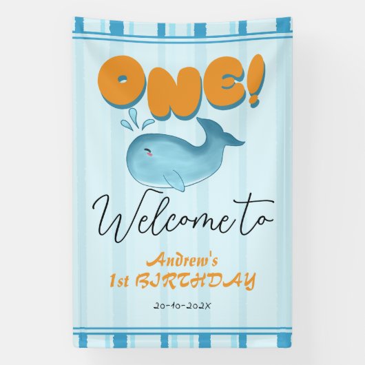 かわいい赤ちゃん青いクジラ1歳の誕生日ウェルカム 横断幕 (縦)