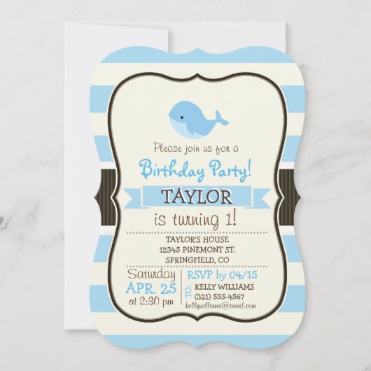 かわいい赤ちゃん青いクジラ; ストライプ 招待状 (正面)