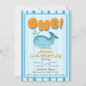 かわいい赤ちゃん青いクジラ 1歳の誕生日 招待状 (正面)