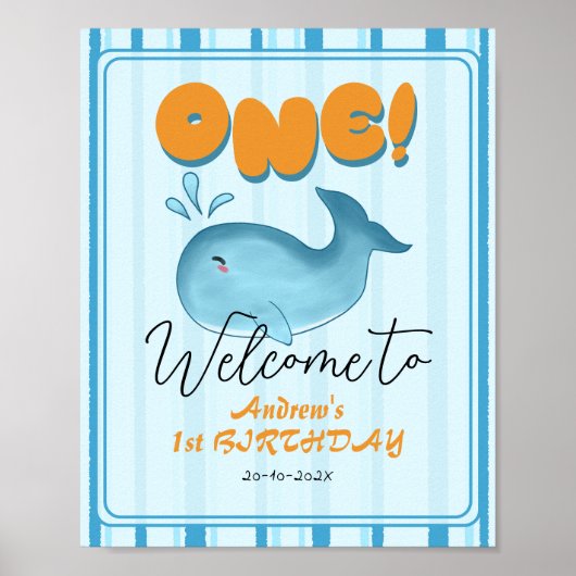 かわいい赤ちゃん青いクジラ 1歳 誕生日 ウェルカムサイン ポスター (正面)
