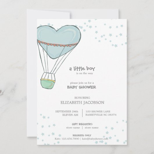 かわいい赤ちゃん青熱気球ベビーシャワー 招待状 (正面)
