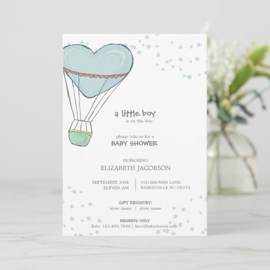 かわいい赤ちゃん青熱気球ベビーシャワー 招待状 (スタンド正面)