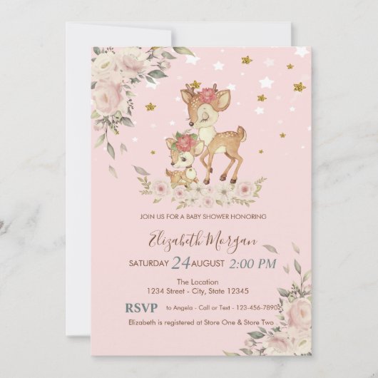 かわいい赤ちゃん鹿の花と星のベビーシャワー 招待状 (正面)