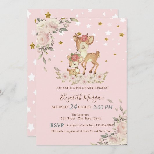 かわいい赤ちゃん鹿の花と星のベビーシャワー 招待状 (正面/裏面)