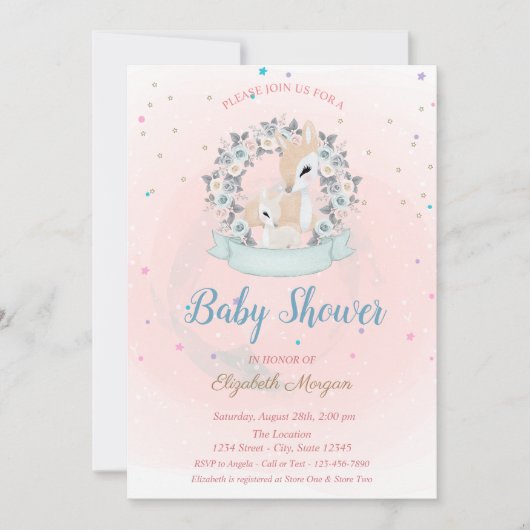 かわいい赤ちゃん鹿、星の青いバラのベビーシャワー 招待状 (正面)