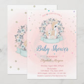 かわいい赤ちゃん鹿、星の青いバラのベビーシャワー 招待状 (正面/裏面)