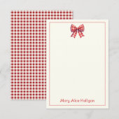 かわいい赤とクリームのギンガムリボン ノートカード (正面/裏面)