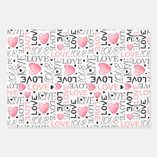 かわいい赤とピンクのハートバレンタインデー ラッピングペーパーシート (正面3)