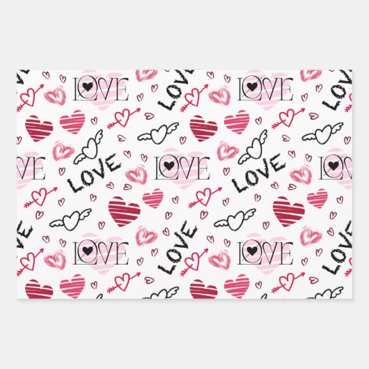 かわいい赤とピンクのハートバレンタインデー ラッピングペーパーシート (正面3)