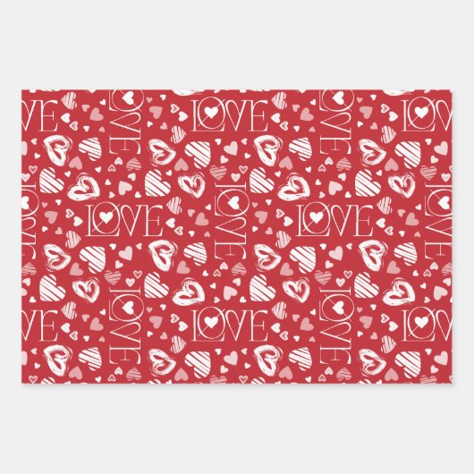 かわいい赤とピンクのハートバレンタインデー ラッピングペーパーシート (正面2)