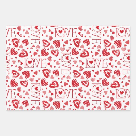 かわいい赤とピンクのハートバレンタインデー ラッピングペーパーシート (正面)