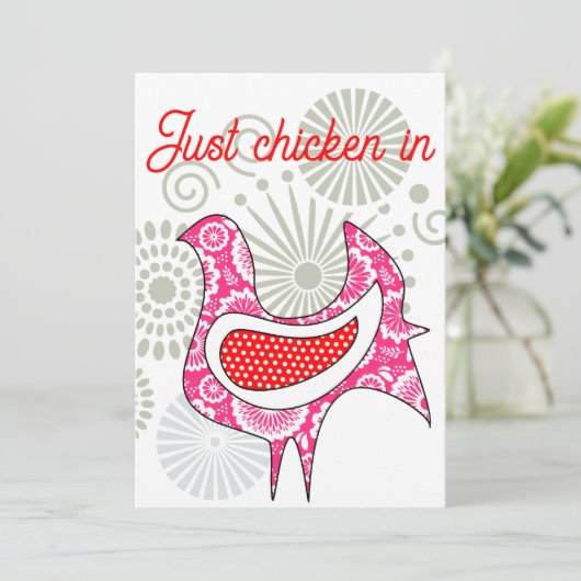 かわいい赤とピンクのファーム鶏のレトロな花のHen カード (スタンド正面)