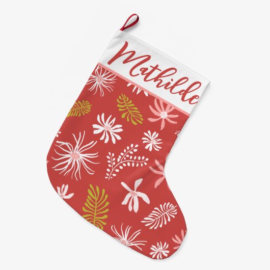 かわいい赤とピンクのフローラ書のスクリプト ラージクリスマスストッキング (正面 (吊り時))