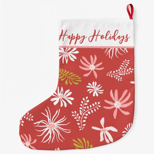 かわいい赤とピンクのフローラ書のスクリプト ラージクリスマスストッキング (裏面)