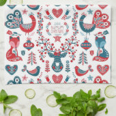 かわいい赤と海軍クリスマススススススカンジナビアフォークアート キッチンタオル (折り畳み)