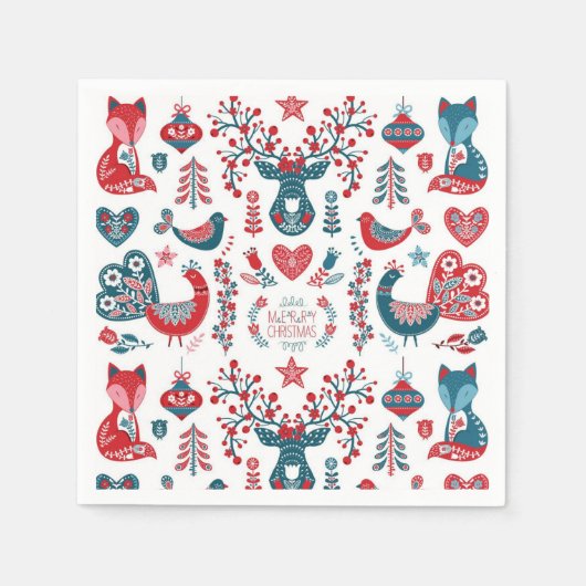 かわいい赤と海軍クリスマススススススカンジナビアフォークアート スタンダードカクテルナプキン (正面)