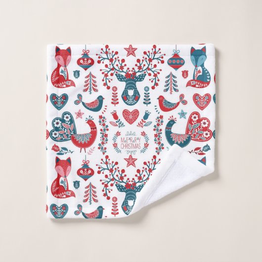 かわいい赤と海軍クリスマススススススカンジナビアフォークアート バスタオルセット (ウォッシュタオル)