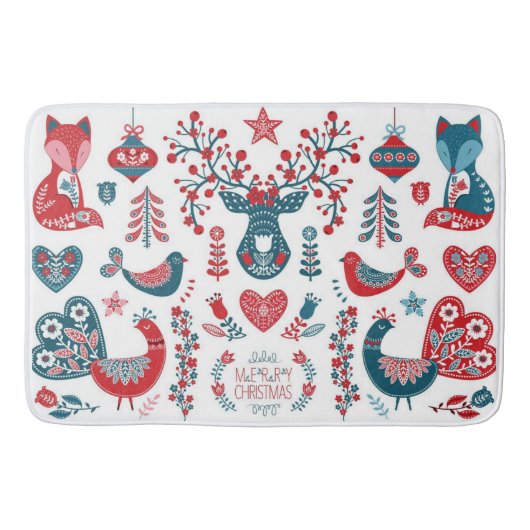 かわいい赤と海軍クリスマススススススカンジナビアフォークアート バスマット (正面)