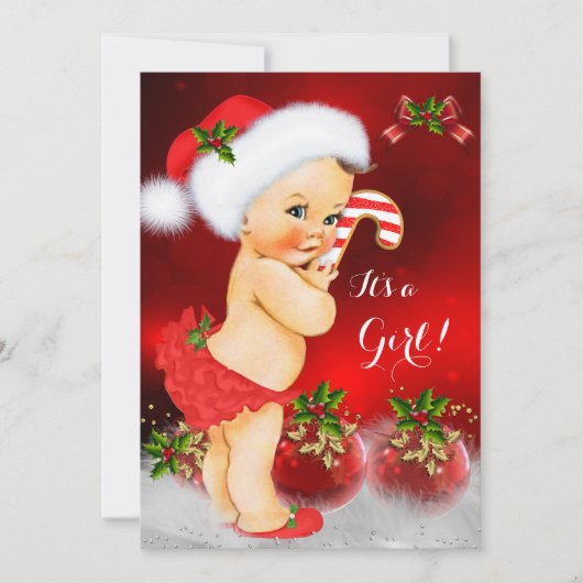 かわいい赤と白のクリスマスベイビーシャワーの女の子、黒髪の女の子 招待状 (正面)