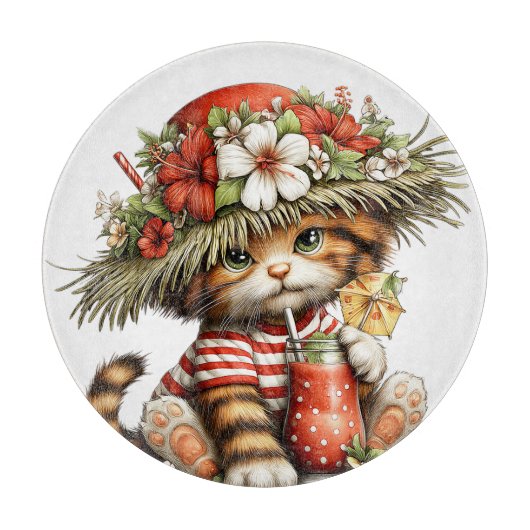かわいい赤と白の夏のキティ猫 カッティングボード (正面)