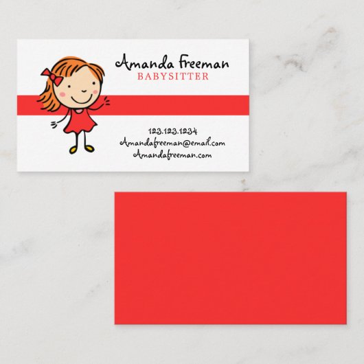 かわいい赤と白の育児ベビーシッティング 名刺 (正面/裏面)