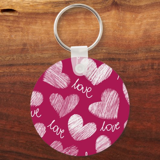 かわいい赤と白の落書きハートのラブスクリプト キーホルダー (正面)