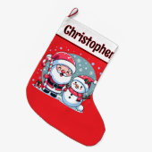 かわいい赤と白サンタと雪だるま ラージクリスマスストッキング (正面 (吊り時))