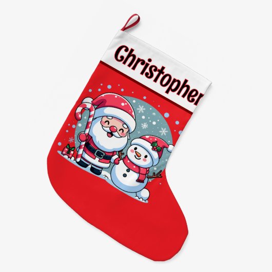 かわいい赤と白サンタと雪だるま ラージクリスマスストッキング (正面 (吊り時))
