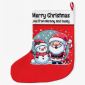 かわいい赤と白サンタと雪だるま ラージクリスマスストッキング (裏面)