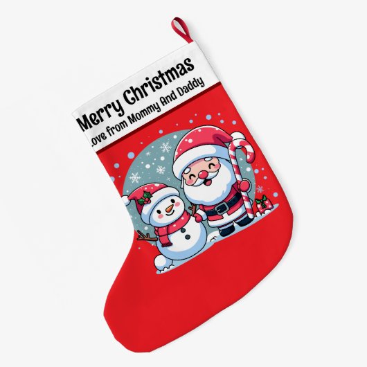 かわいい赤と白サンタと雪だるま ラージクリスマスストッキング (裏面 (吊り時))