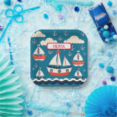 かわいい赤と白帆船といかり ペーパープレート (パーティー)